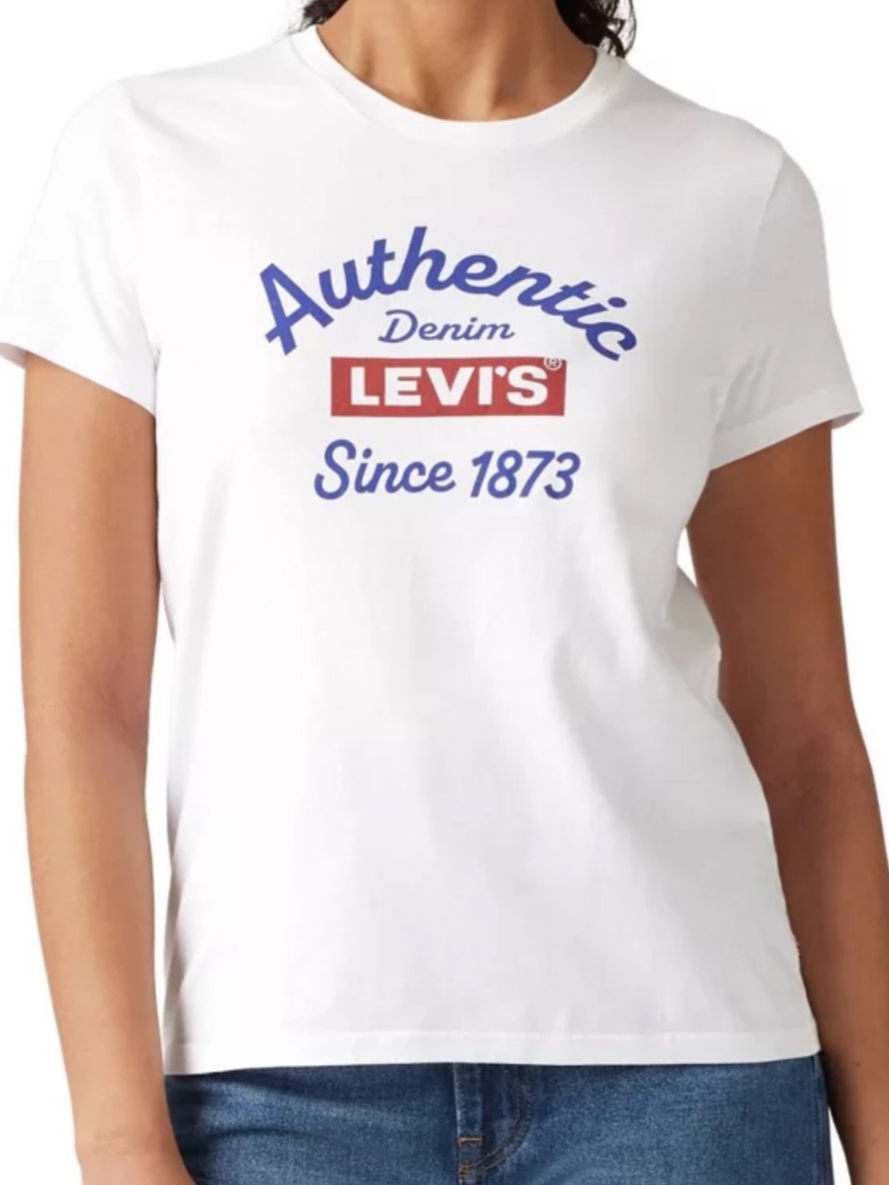 Levi's White Short Sleeve Tee with Blue Script and Red Logo